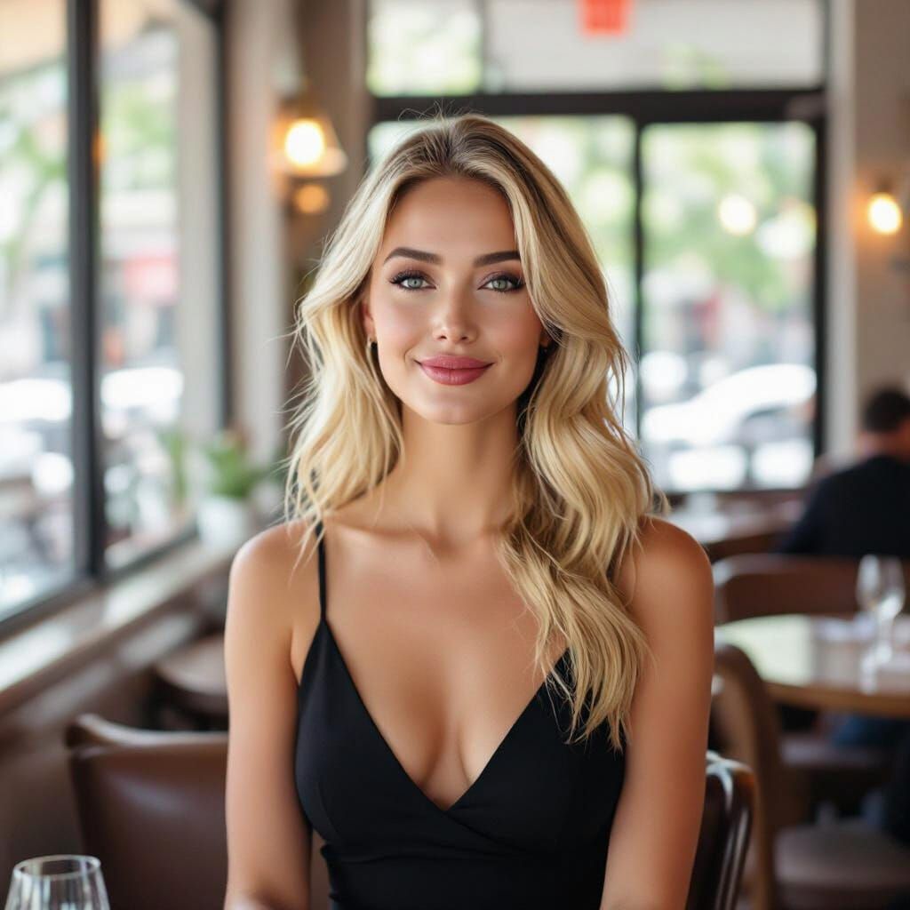Blonde Woman in Little Black Dress at Restaurant