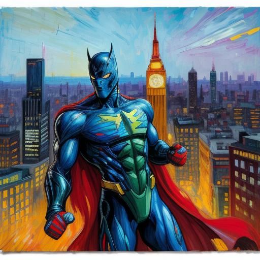 Dynamic Superheroes in Expressionist Cityscape