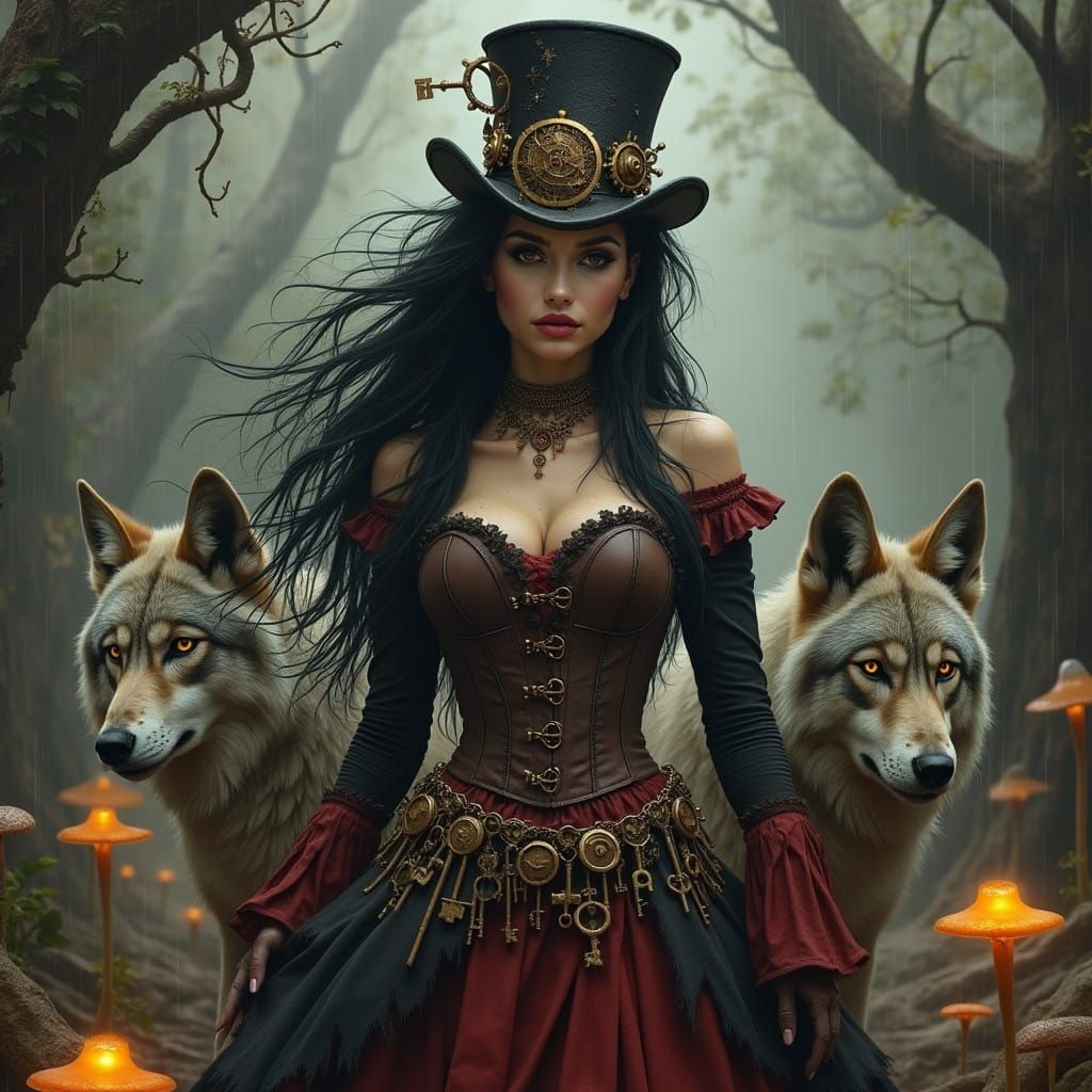 Steam punk inspired woman long black windswept hair wearing a top hat. Long red and black dress with a leather vest with...