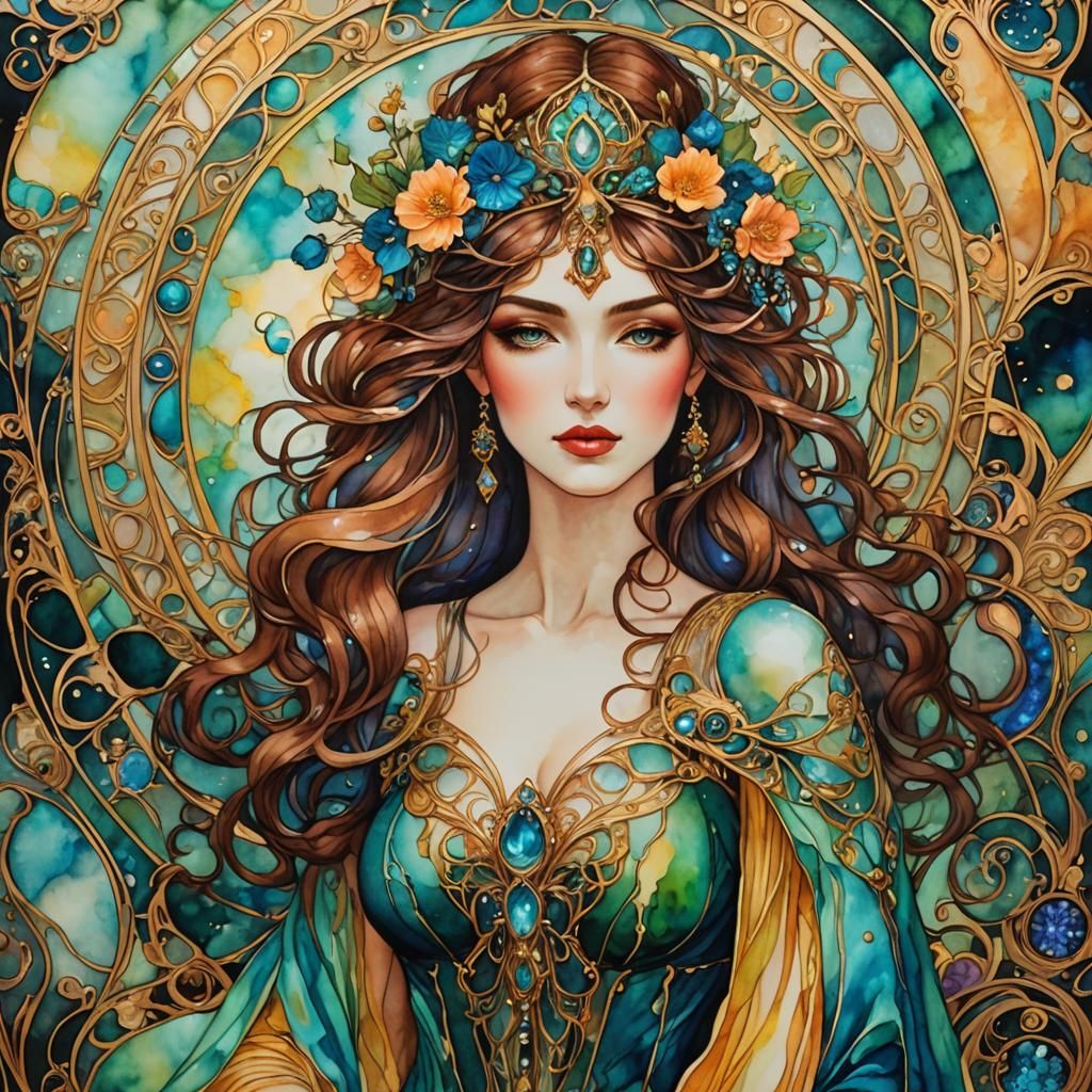 Fantasy Woman in Alcohol Ink Art Nouveau Style