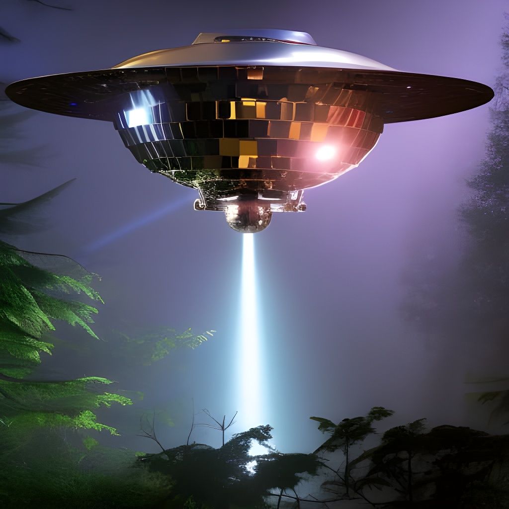 Metallic UFO Beaming Up an Alien in Forest