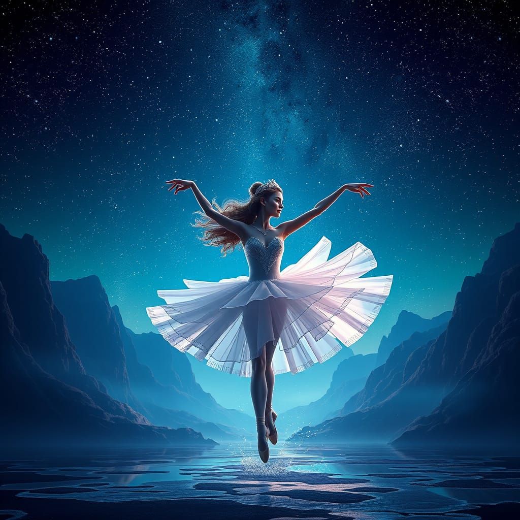 Ballerina Among Celestial Wonders in a Dreamlike Nighttime S...