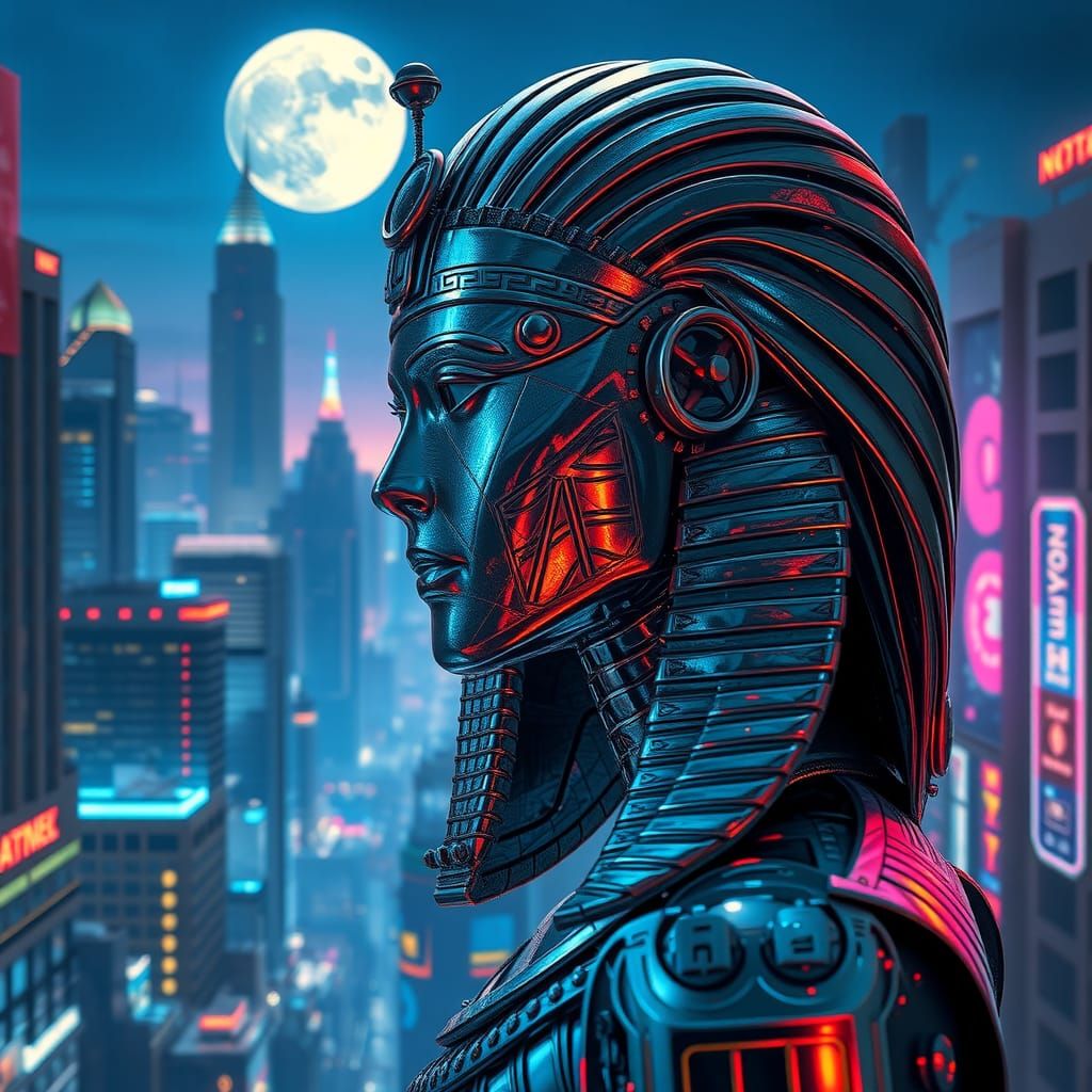 Cyberpunk Egyptian Queen Android in Moonlight