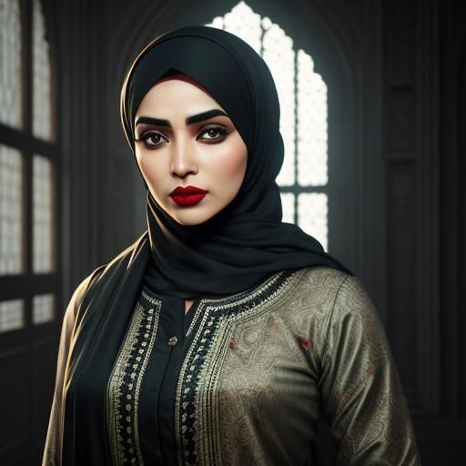 Woman in Hijab with Red Lipstick, Hyperrealistic Style