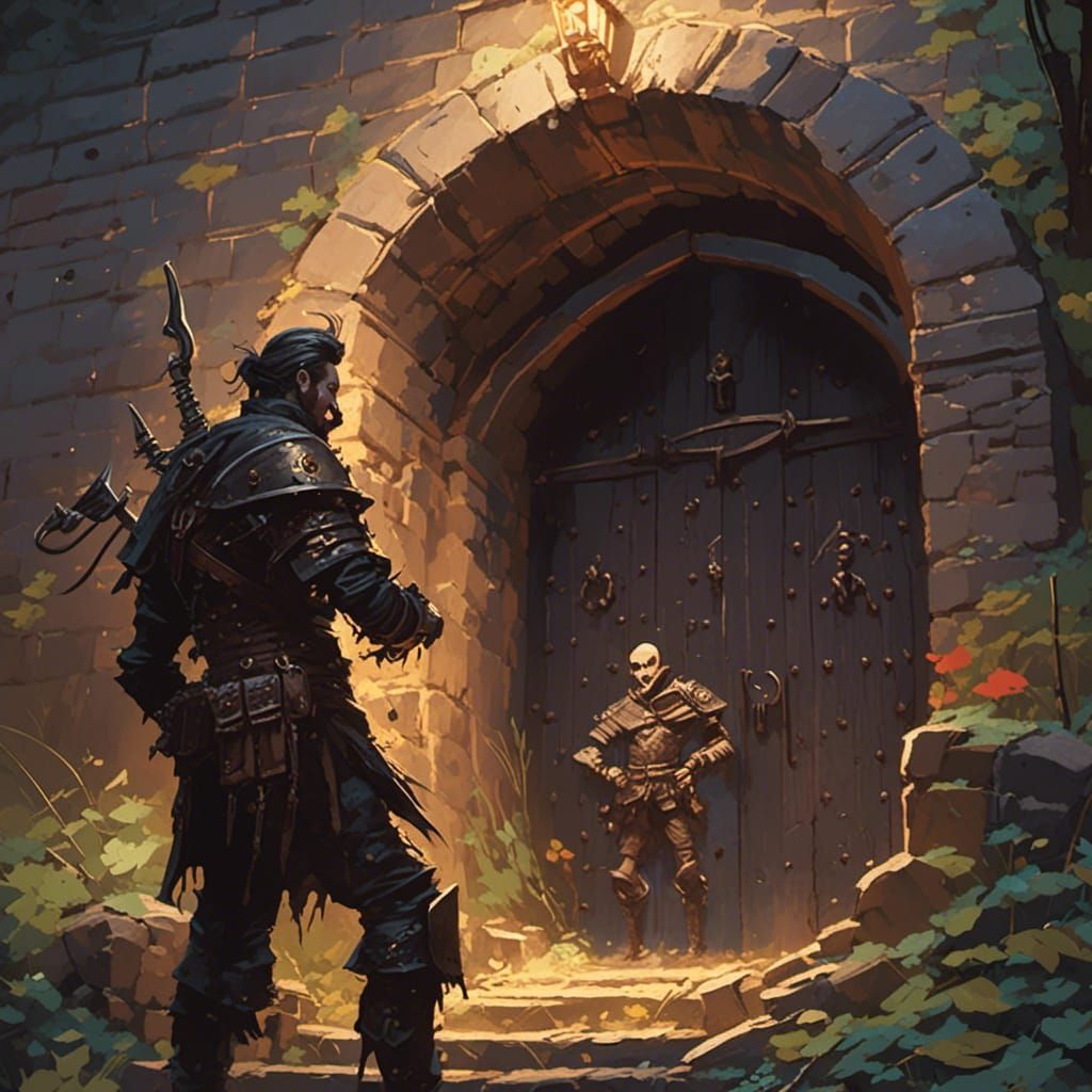 Sneaky Rogue Bribes City Guard in Dark Fantasy Cartoon