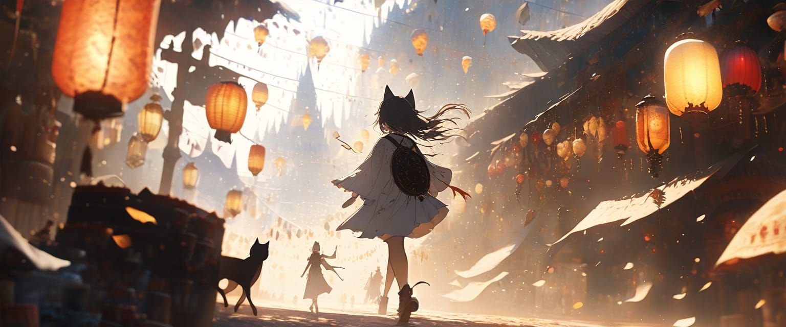 Anime Catgirl Strolling Through Fantasy Lantern Market