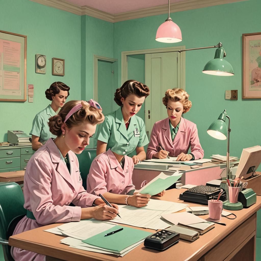 Retro Pink Ladies at Hospital Desk Illustration