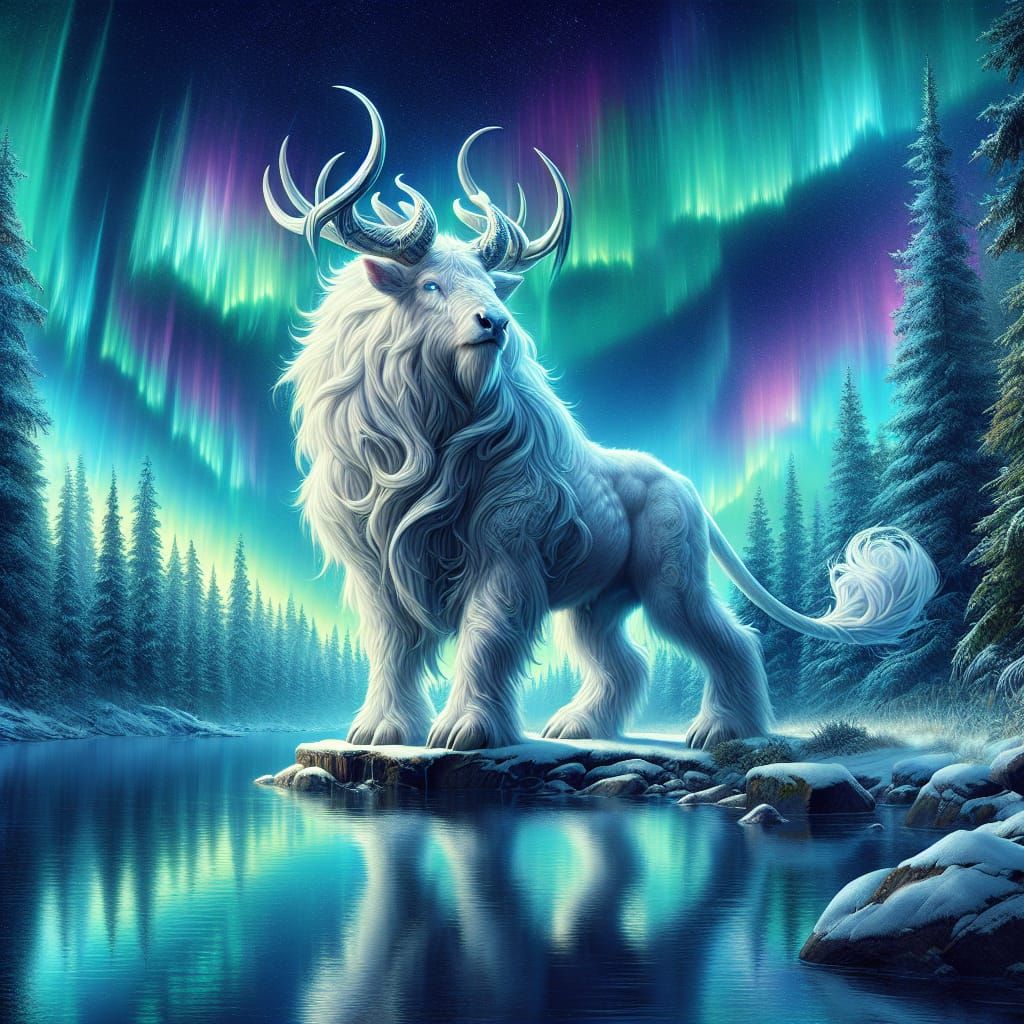Majestic Hybrid Creature Under Northern Lights