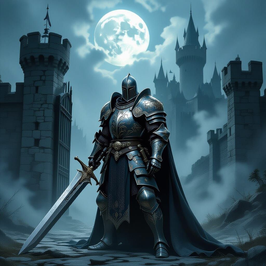 Knight Guarding Castle Gate Under Moonlight in Dark Fantasy ...