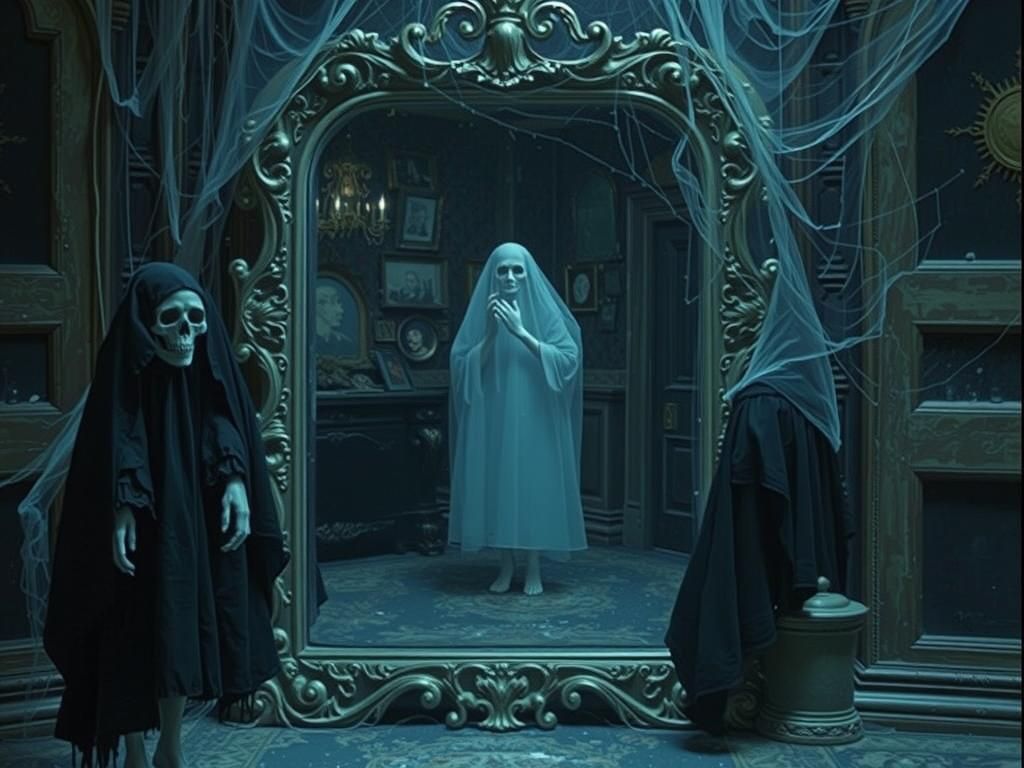 Ghostly Figures Reflected in Haunted Mirror
