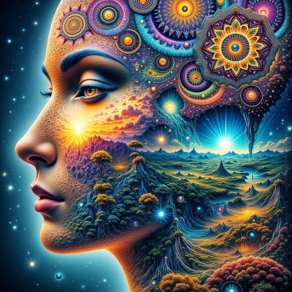 Psychedelic Face with Floral Mandalas and Floating Islands