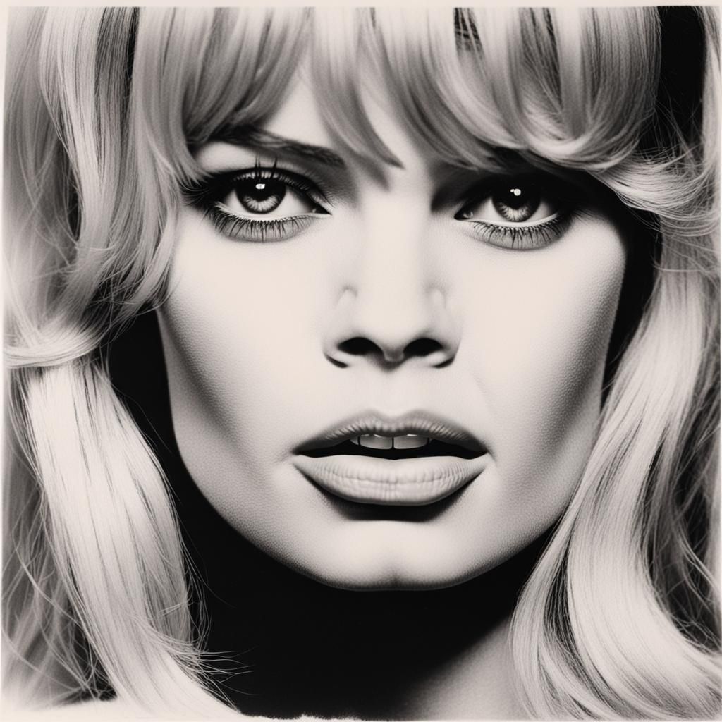 Brigitte Bardot portrait in black and white in the 60s, with very blonde hair, with kajal eyeliner in black, and only th...
