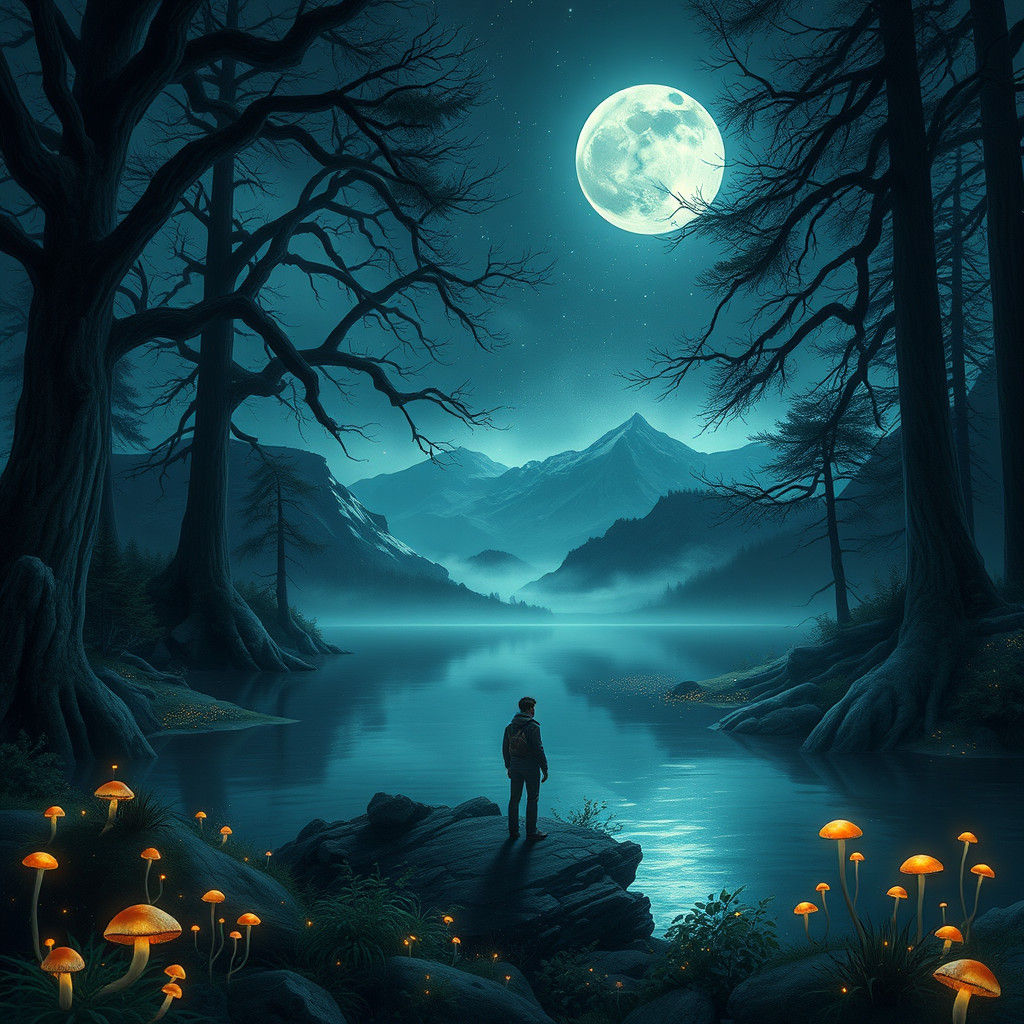 Mystical Moonlit Lake Scene in Digital Art