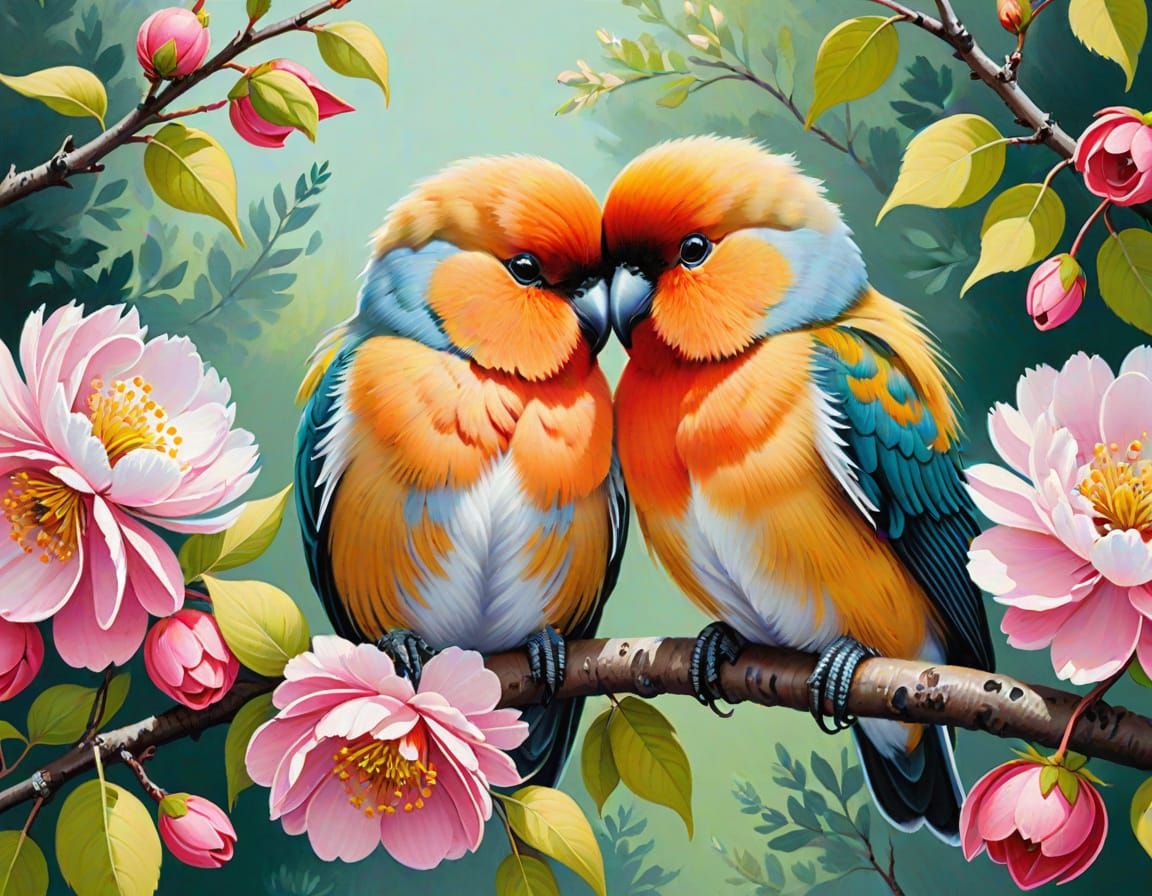 Lovebirds on Blossoming Branch: Detailed Gouache Painting