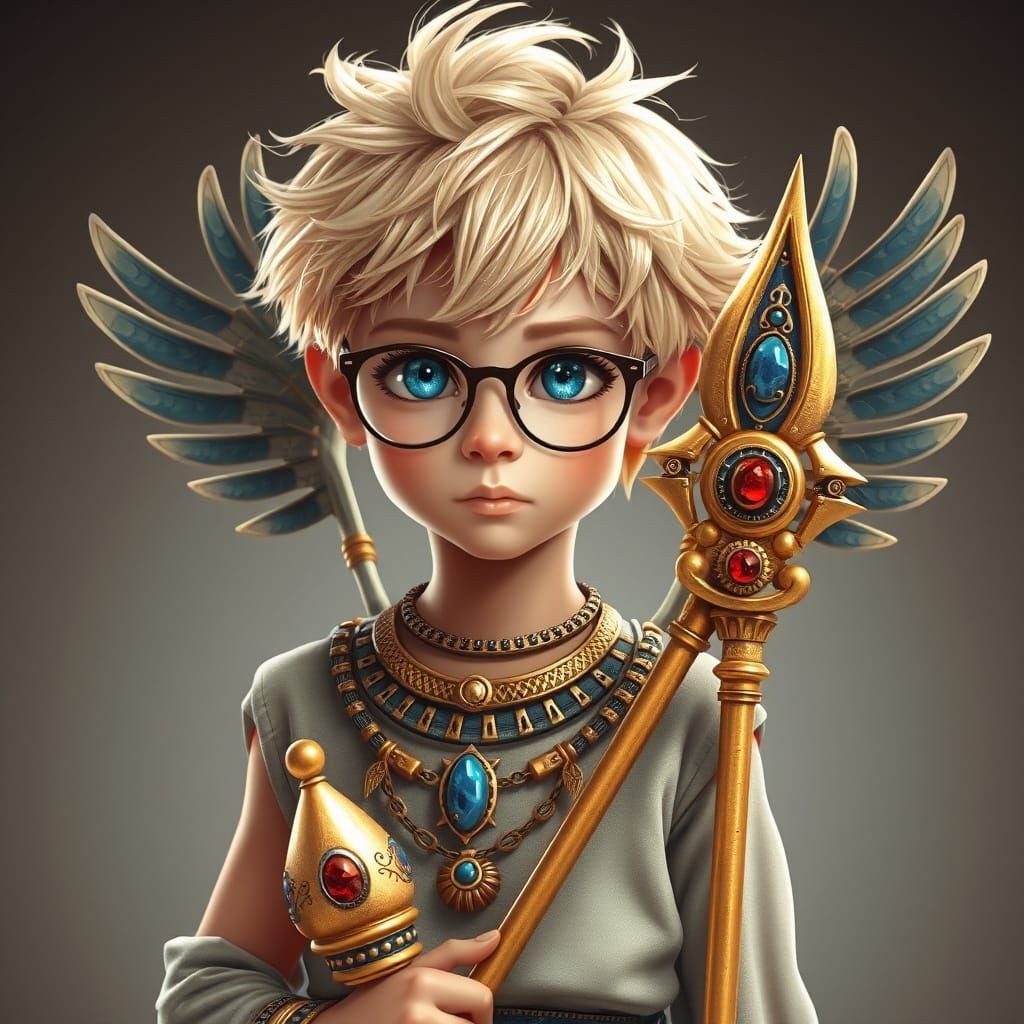 Golden Youth with Wings and Staff in Ancient Egyptian Steamp...