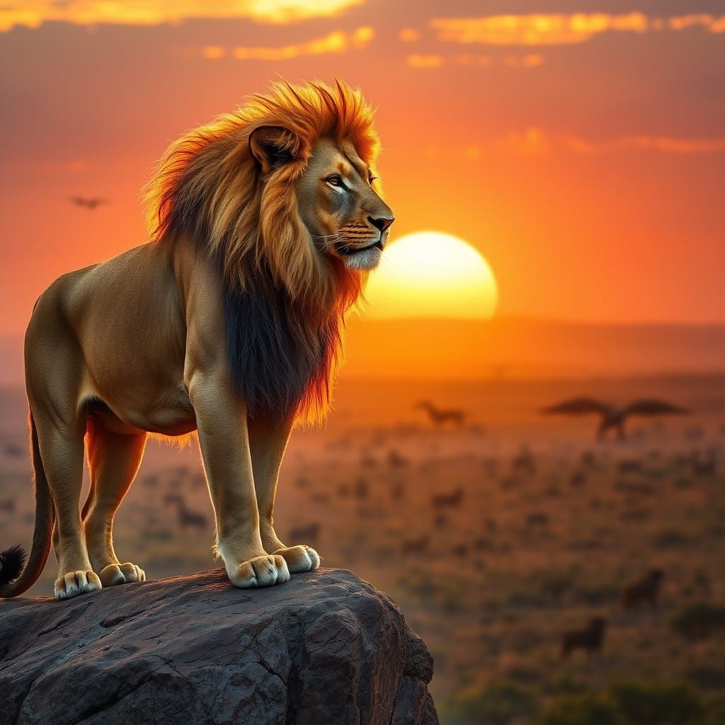 Lion Overlooking African Savanna at Sunset