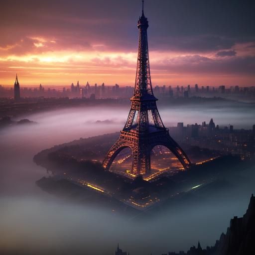 Eiffel Tower Sunset in a Fantasy World