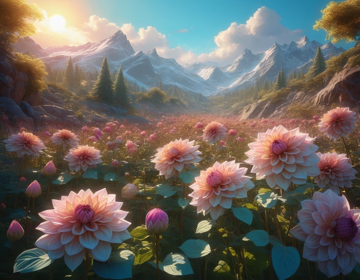 Surreal Pink Dahlia Blooms in Warm Golden Light