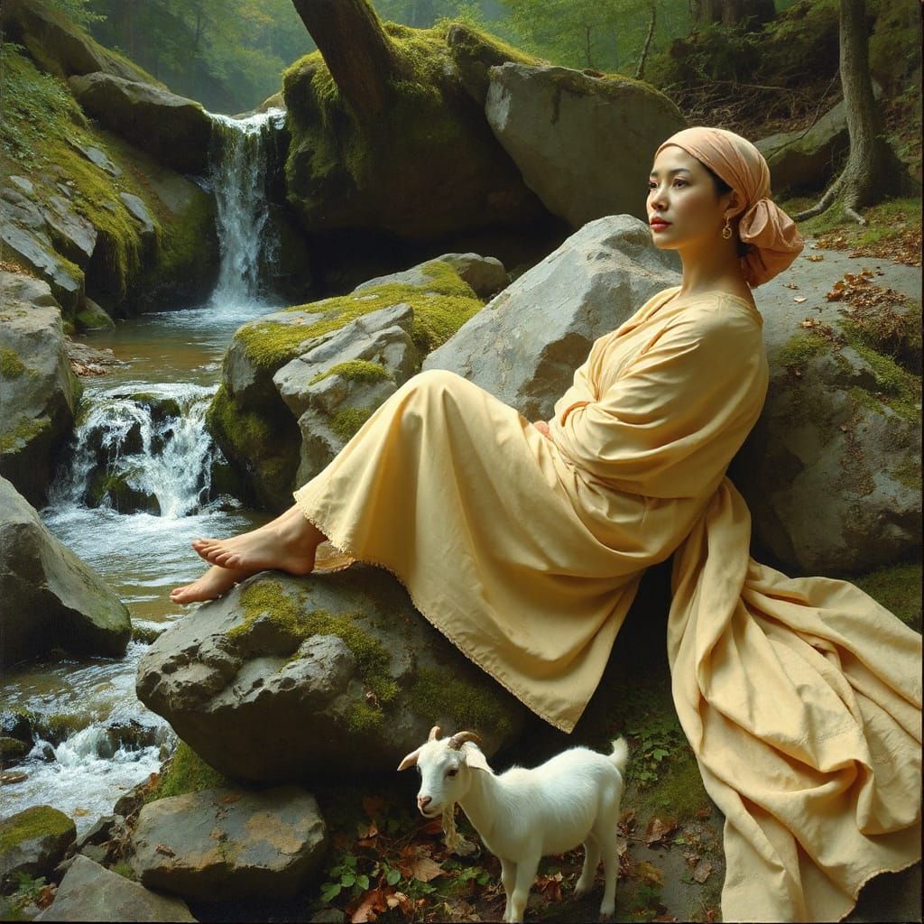 Woman by Waterfall in Impressionistic Style