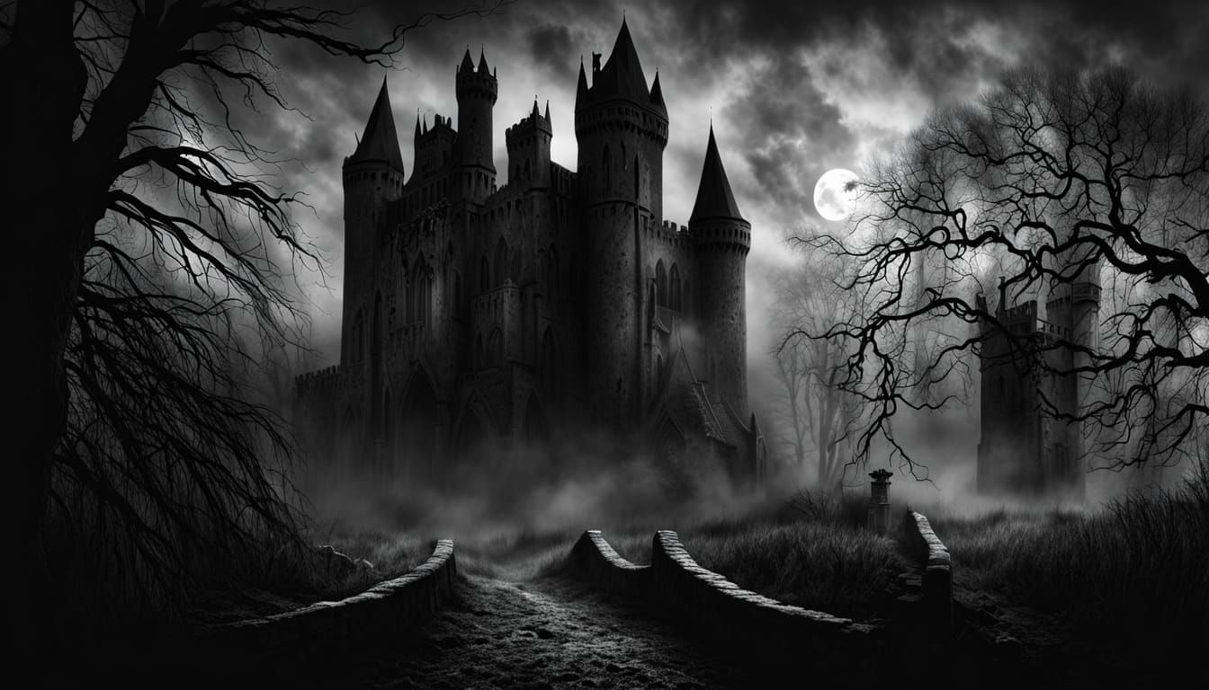 Dark Castle in Graveyard: Gothic Horror Engraving