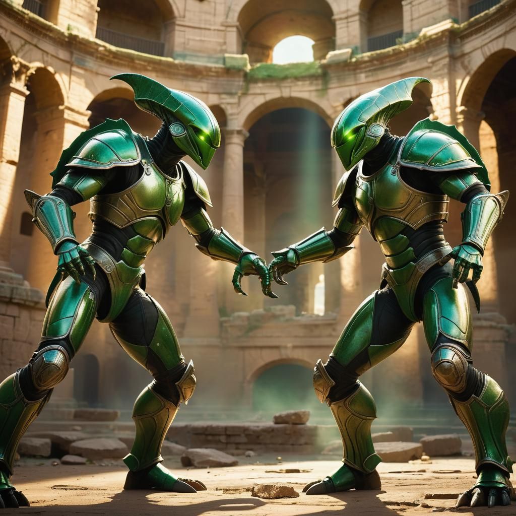 Green Aliens Duel in Coliseum: Hyperrealistic Concept Art