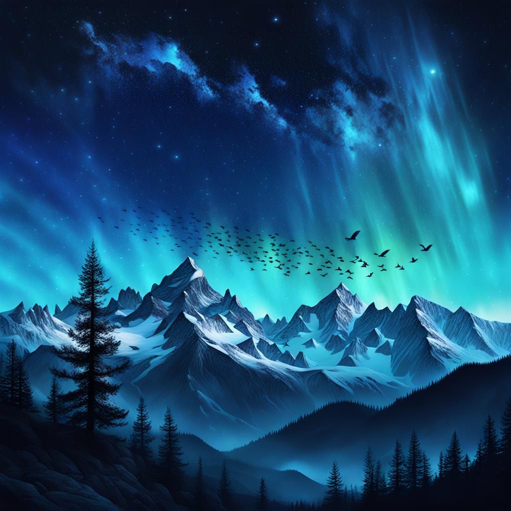 Birds Flying Over Mountains in Digital Matte Painting