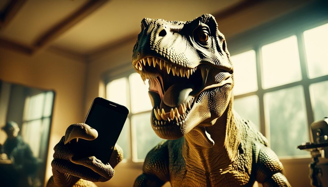 T-Rex attempts a "selfie" with his short arms.
