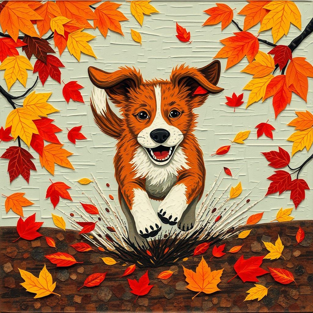 Playful Dog in Autumn Leaves: Paper Collage Art