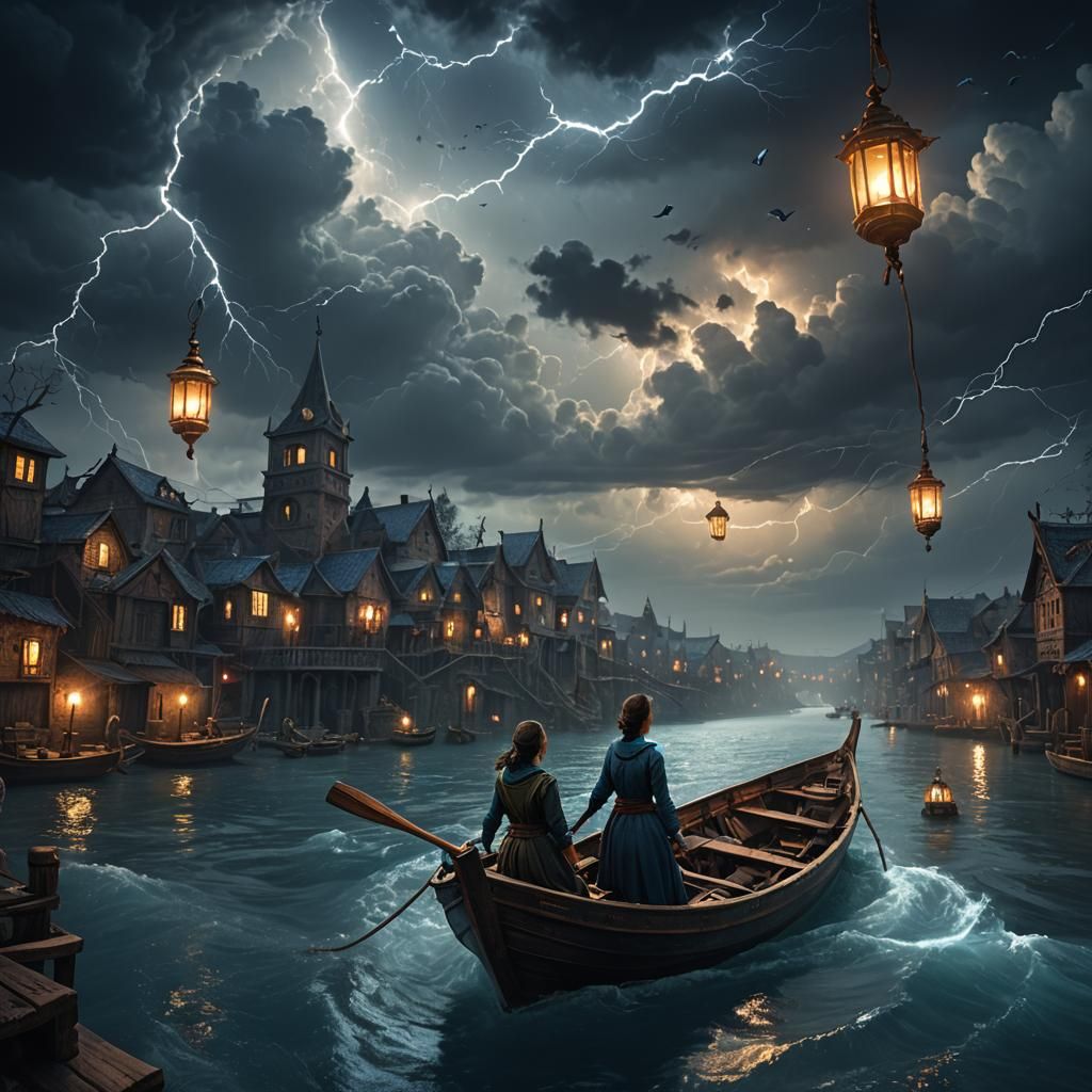 Surreal Night River Scene with Boatmen