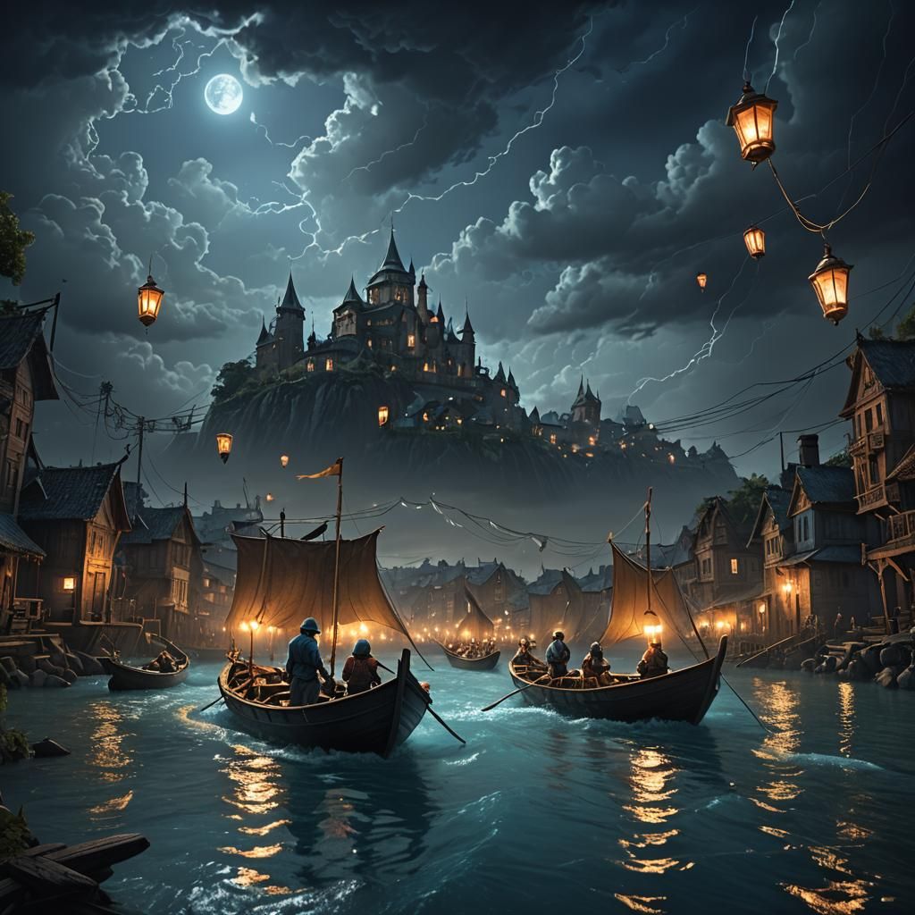Surreal Night River Scene with Boatmen