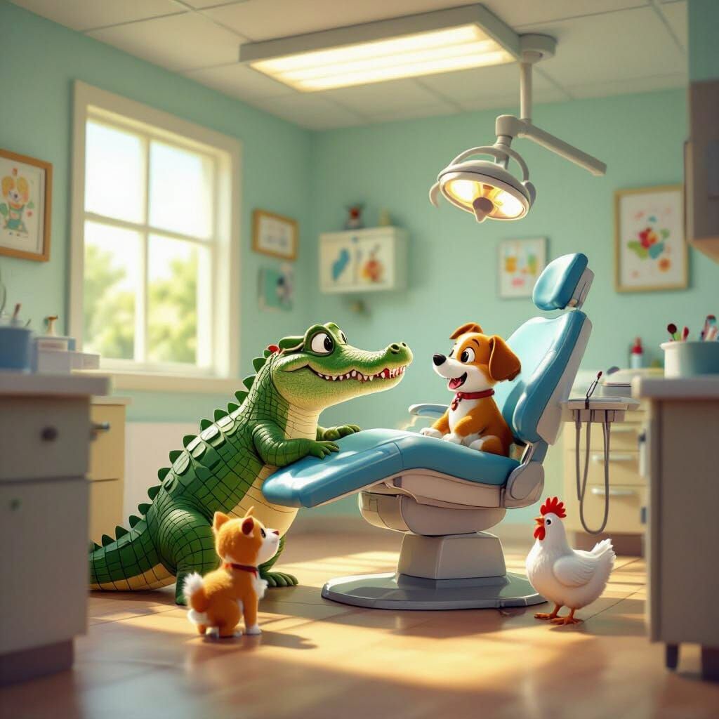 Animals Coax Alligator to Dentist in Whimsical Cartoon Style