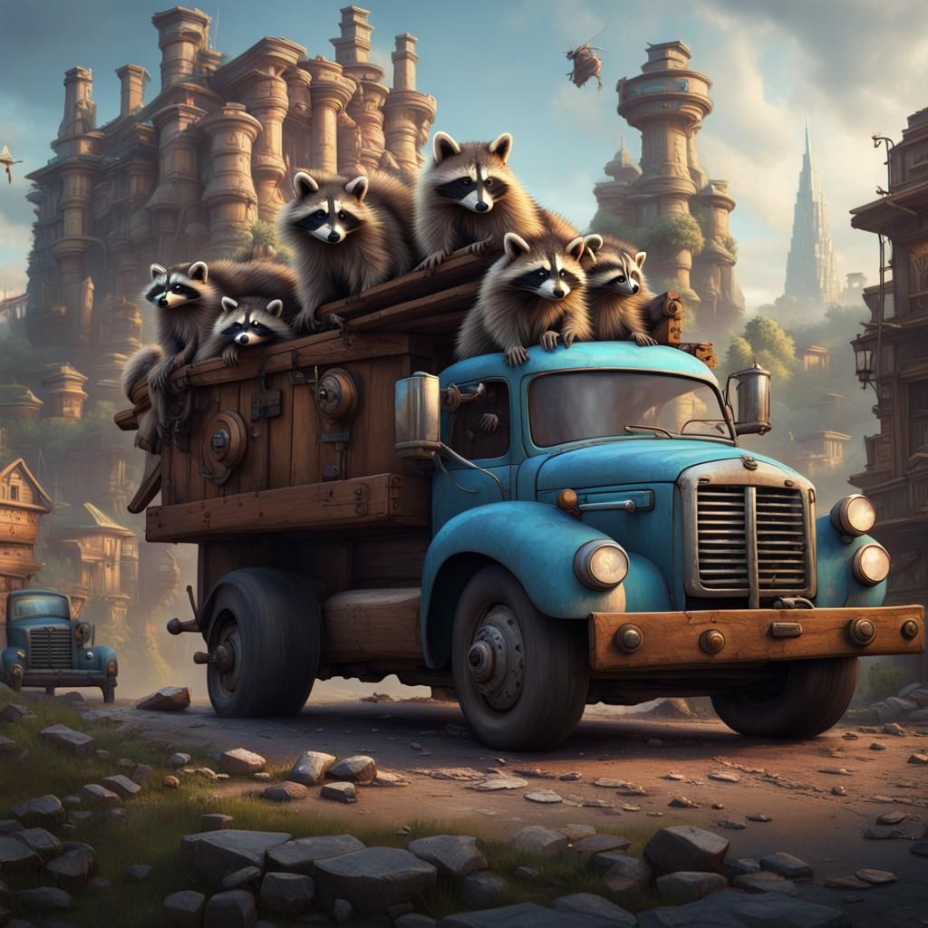 Raccoons Disassembling Truck: Detailed Matte Painting