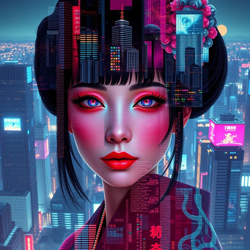 Cyberpunk Geisha Amidst Neon Cityscape