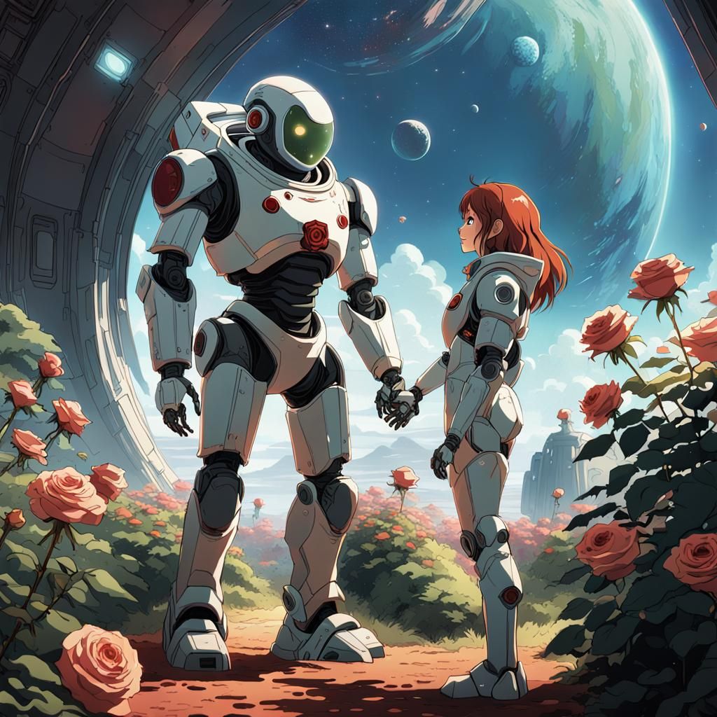 Robot Offers Rose to Girl in Ghibli Style