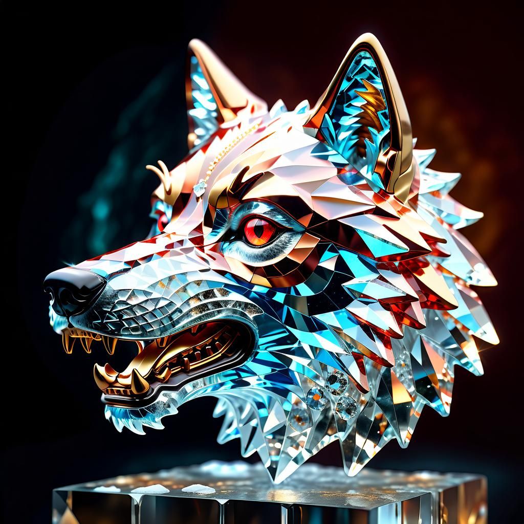 Majestic Crystal Wolf Sculpture in Gold Matrix Style
