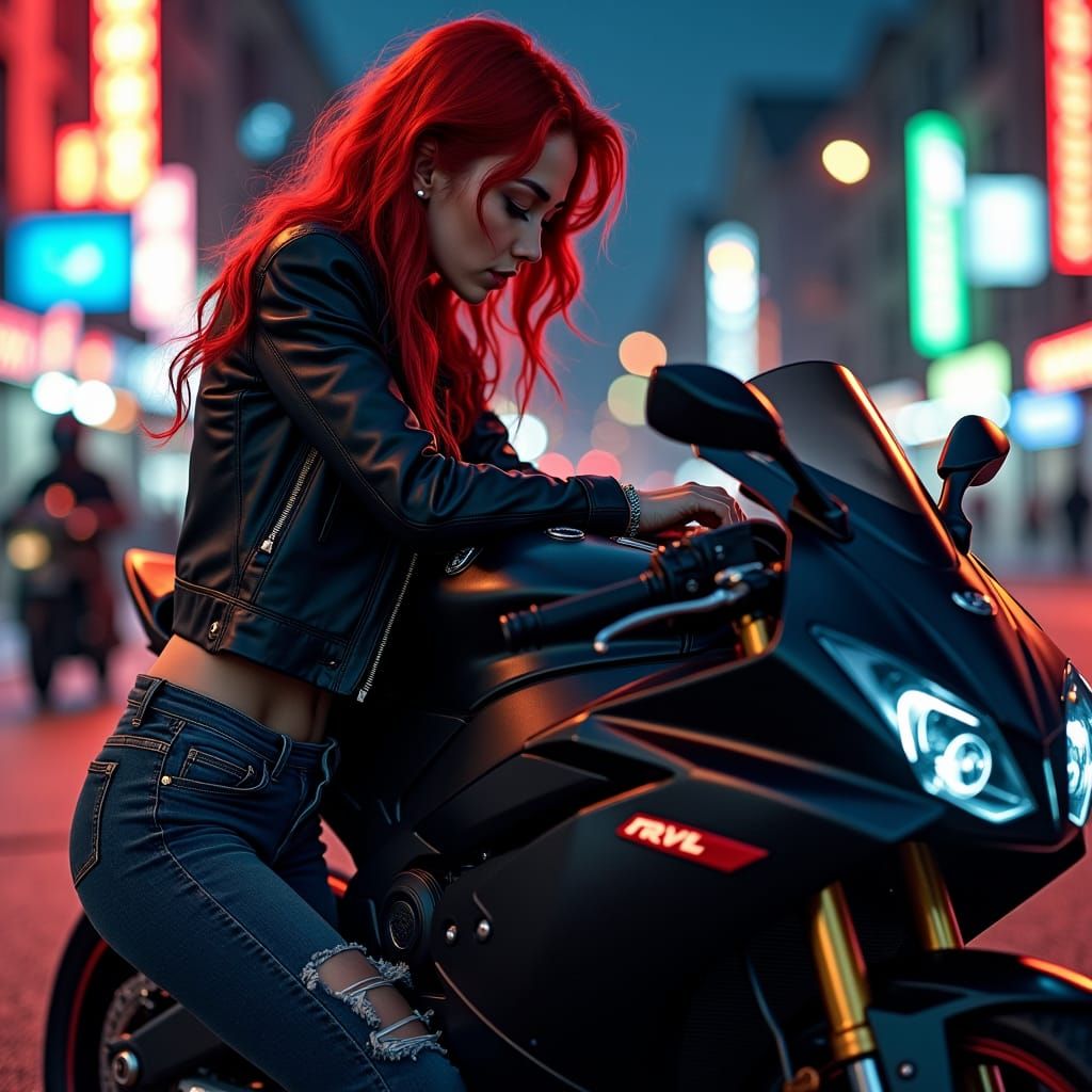 Woman and Sport Bike in Hyperrealistic Style
