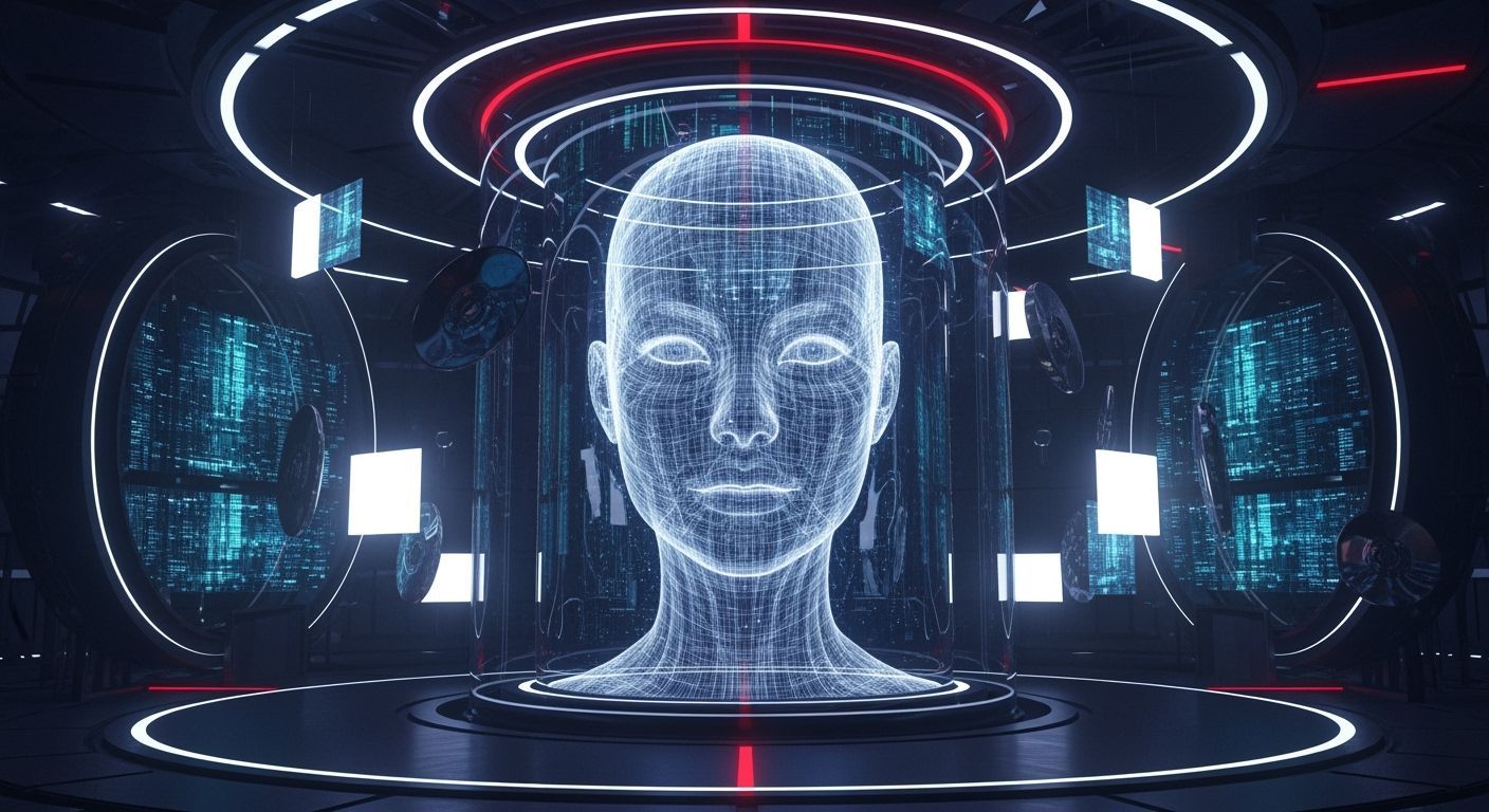 Holographic AI Face in Futuristic Sci-Fi Core