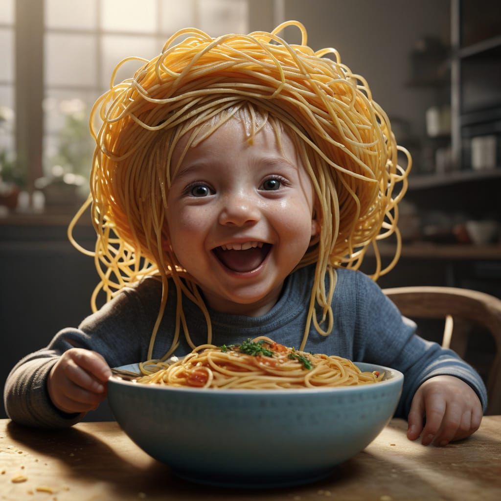 Toddler with Spaghetti on Head: Hyperdetailed Concept Art