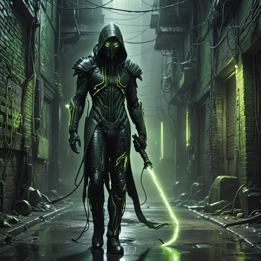 Cybernetic Grim Reaper in Futuristic Alleyway
