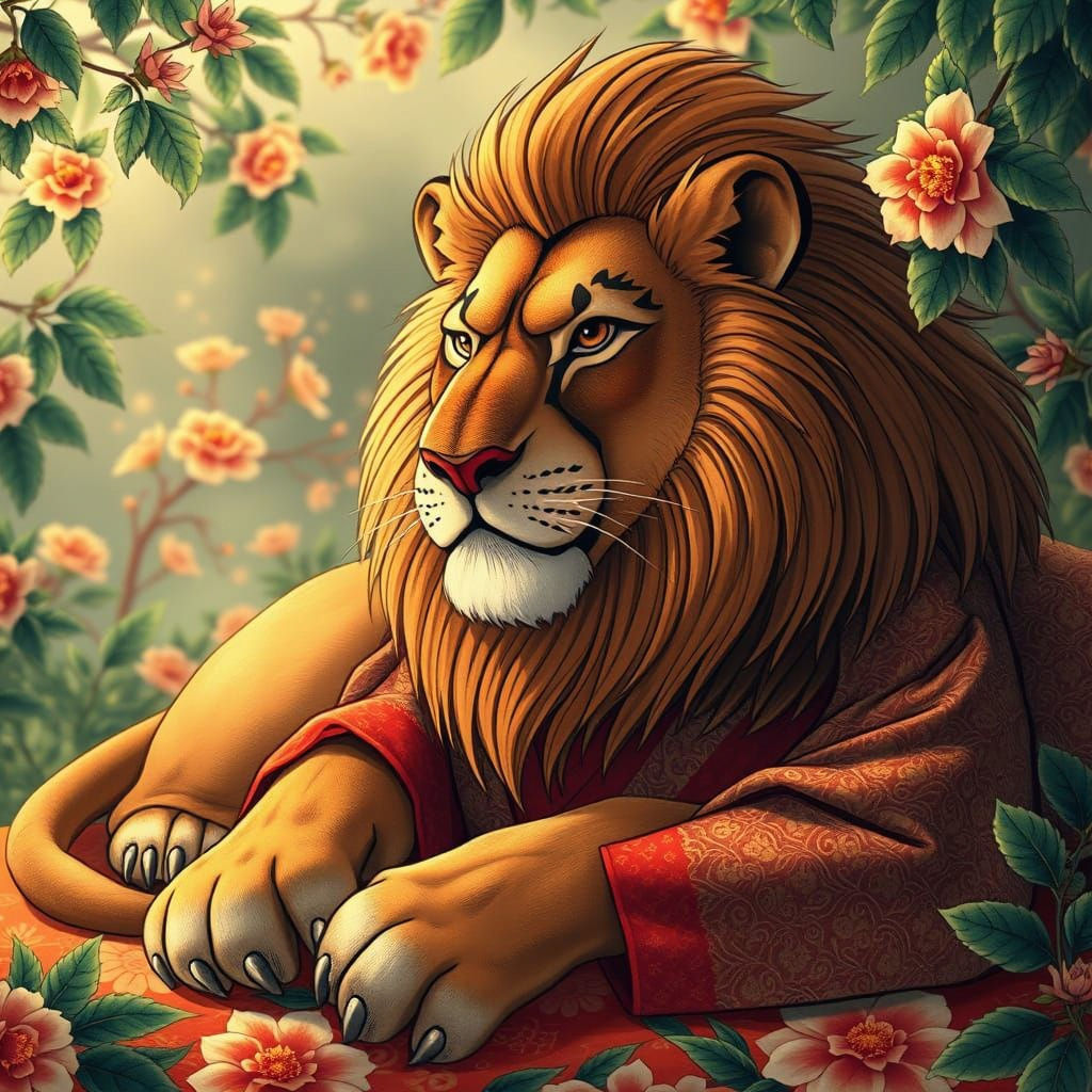 Lion in Ukiyo-e Film Style with Hyperdetailed Lighting