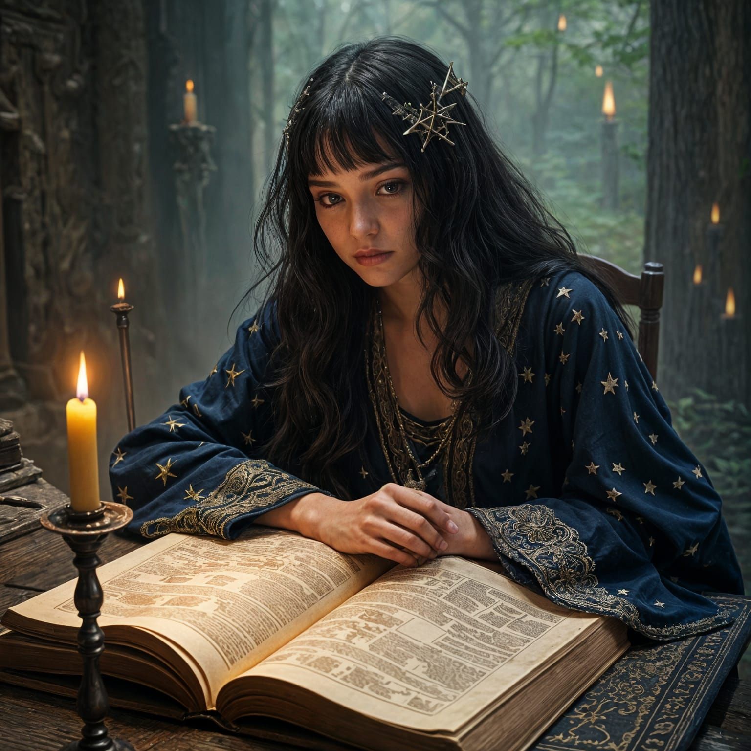 Sorceress Contemplating Ancient Spells in Hyperreal Style