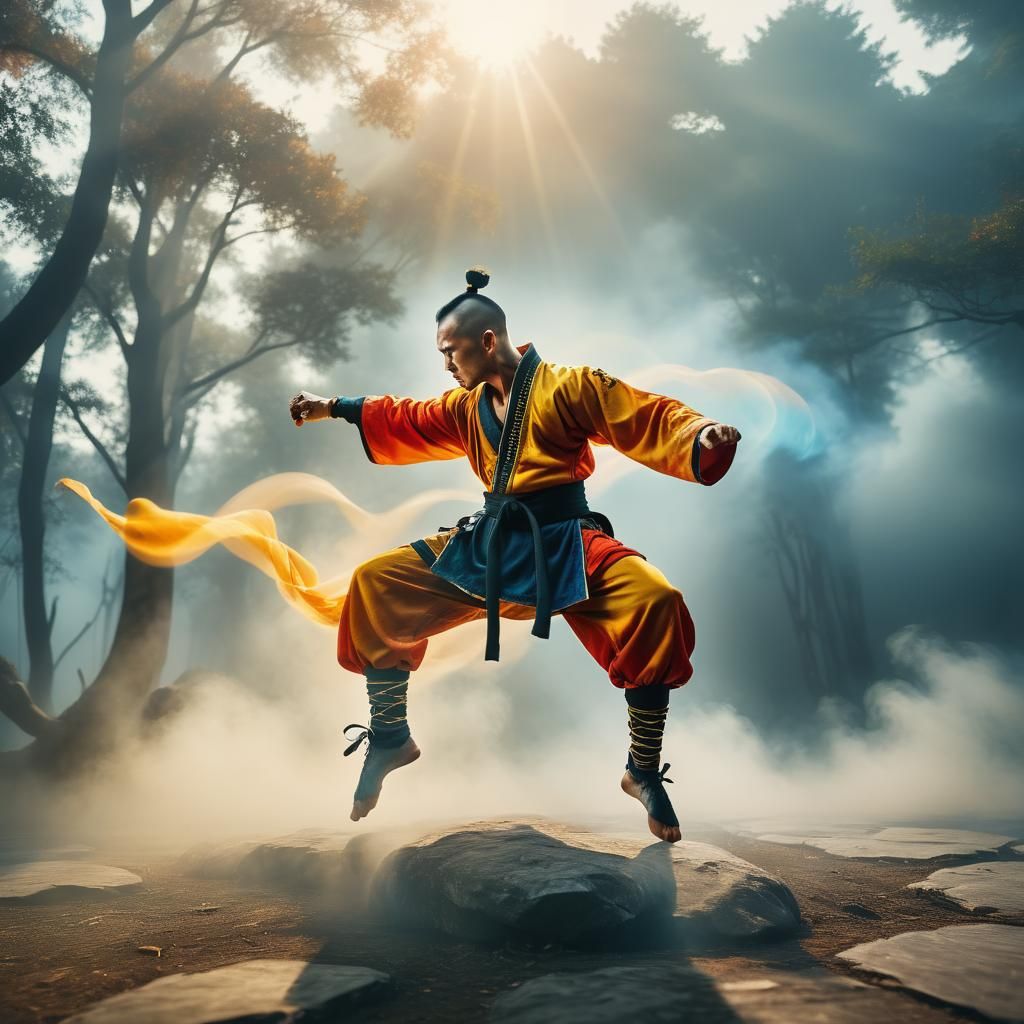 Dynamic Kung Fu Fighter in Cinematic Action Movie Still