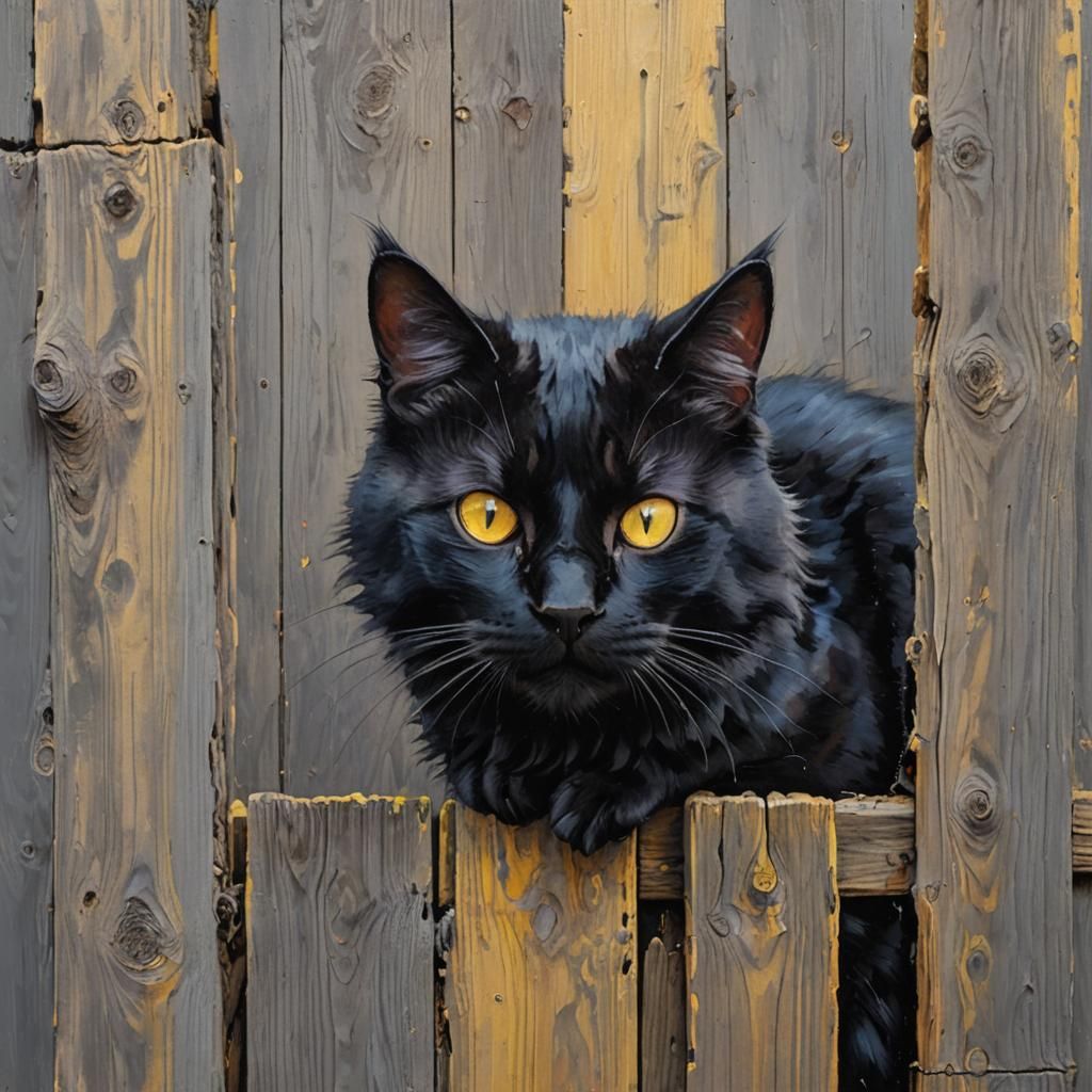 Black Cat at Fence: Impasto Oil Painting