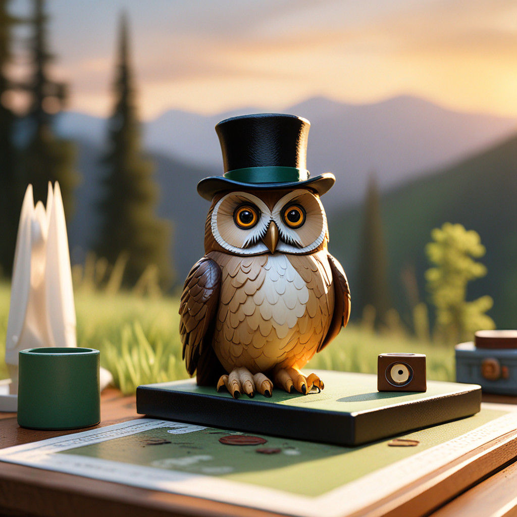 Whimsical Oil Painting of Owl Playing Monopoly Amidst Idylli...
