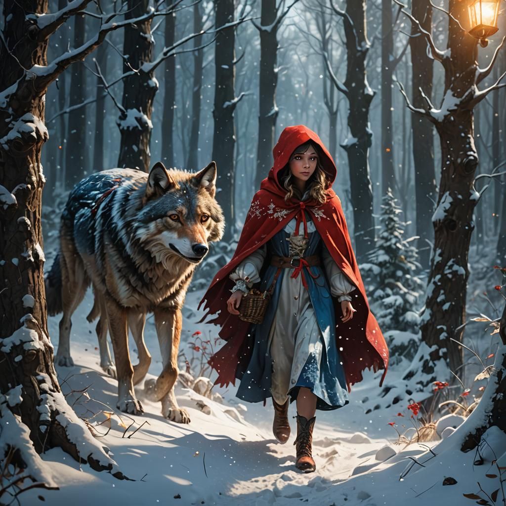 Little Red Riding Hood and Wolf in Snowy Forest