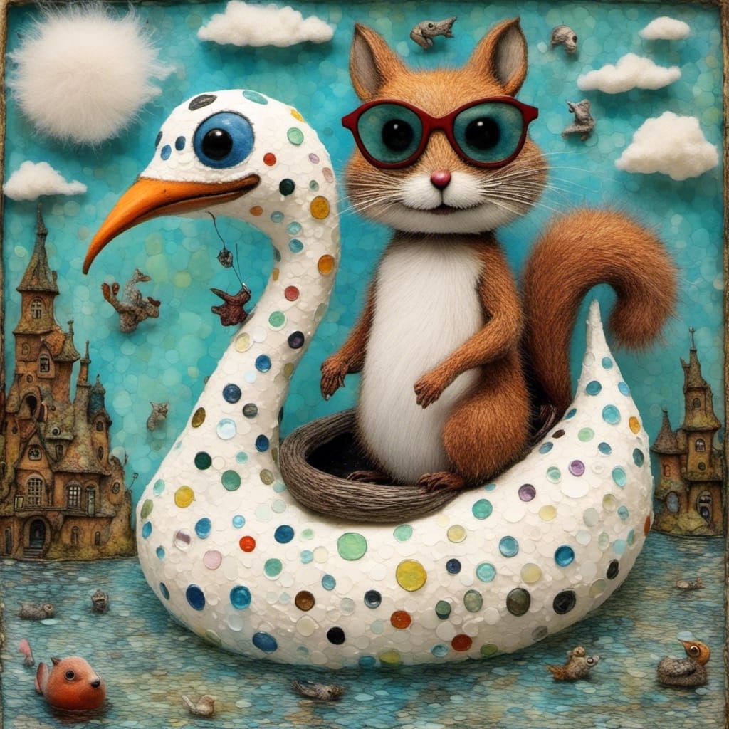 Whimsical Encaustic Collage: Cat and Squirrel Adventure
