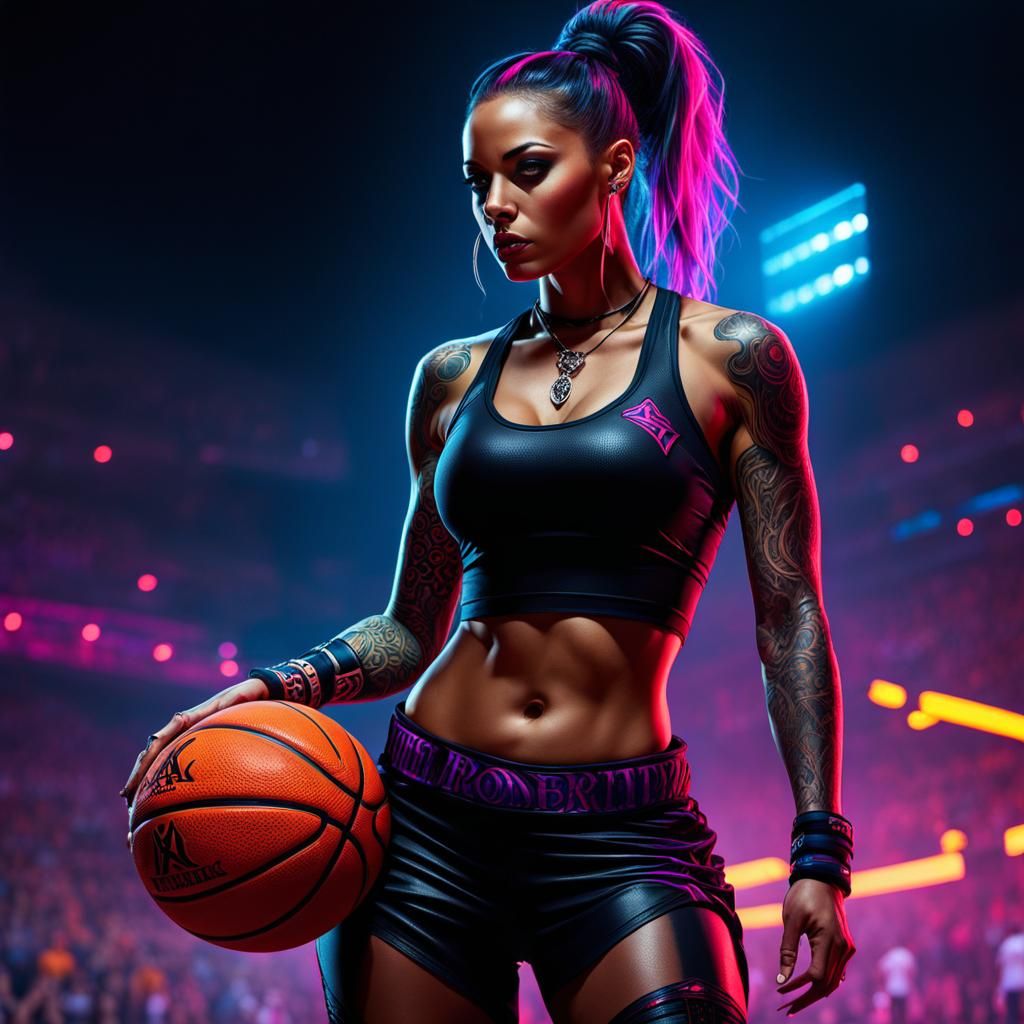 Sensual Goth Woman Plays Basketball at Night