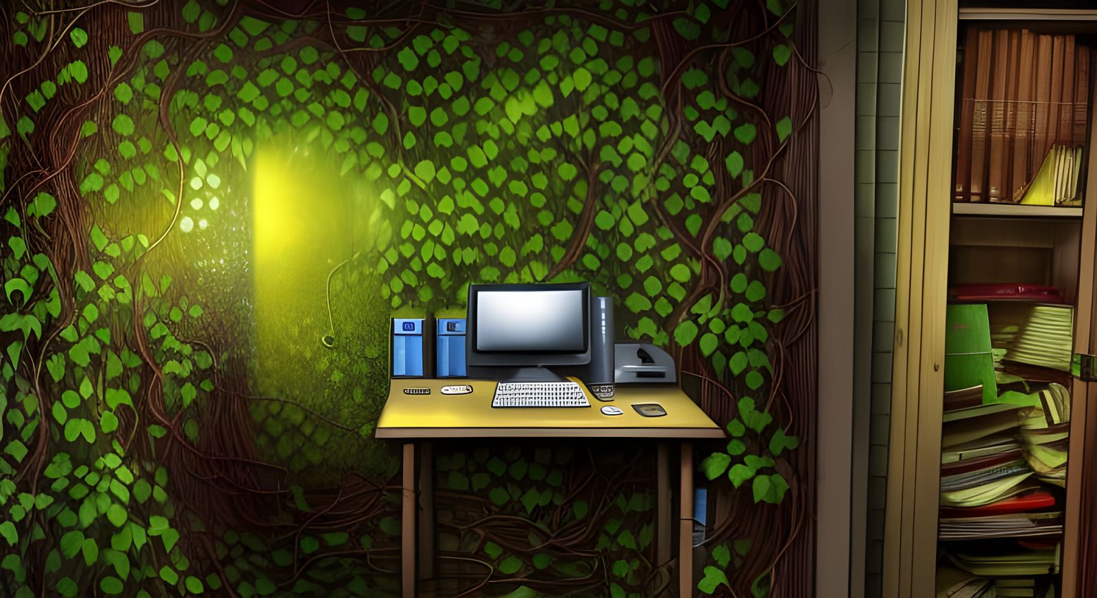 Overgrown Office Cubicle in Gritty Horror Style