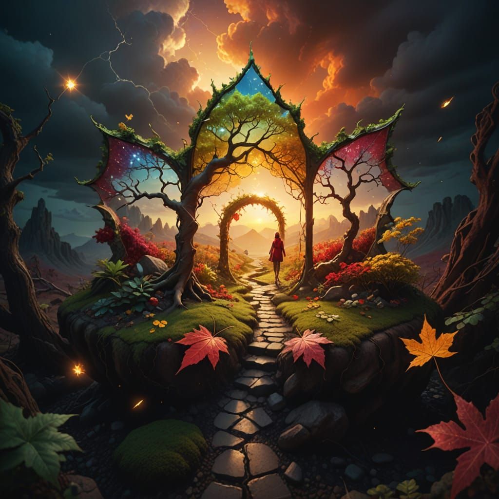 Surreal Maple Leaf Portal in Vibrant Sunrise Colors