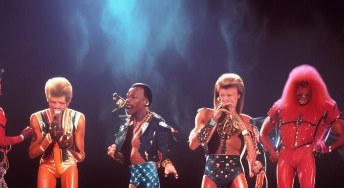 David Bowie, Eddie Murphy, Mr.T and Arnold Schwarzenegger playing in a metal band